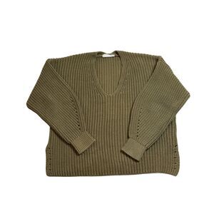 Everlane Olive Green Texture Boxy Cotton V Neck Sweater Size L